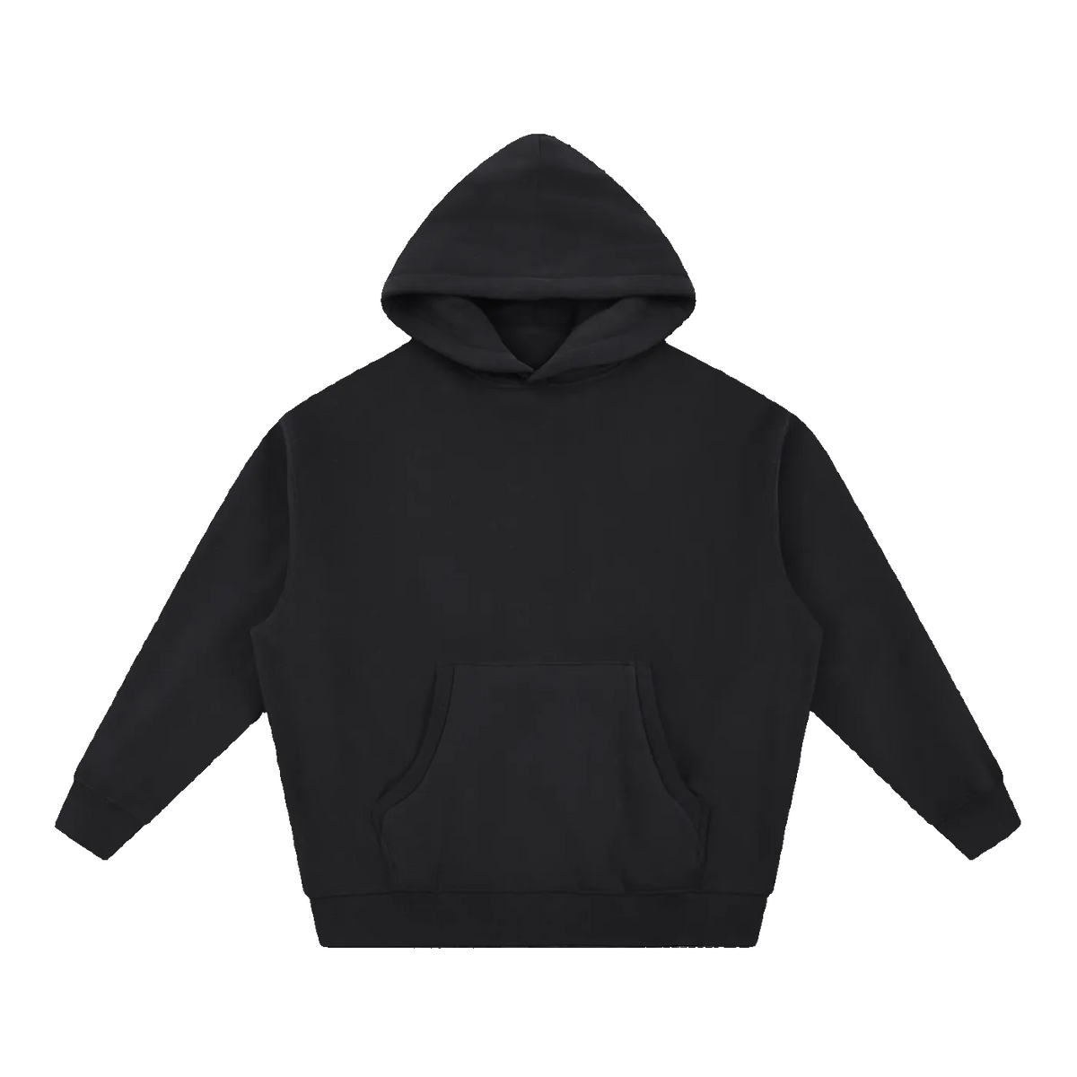 MIROLYUB Loft Boxy Fleece Hoodie in Black, front view.