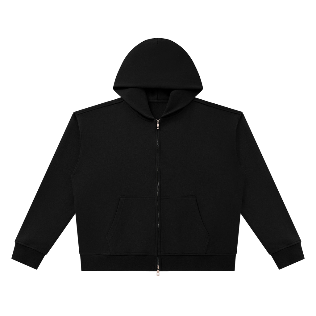 MIROLYUB Unisex Heavyweight Full Zip Boxy Hoodie — Black, front view