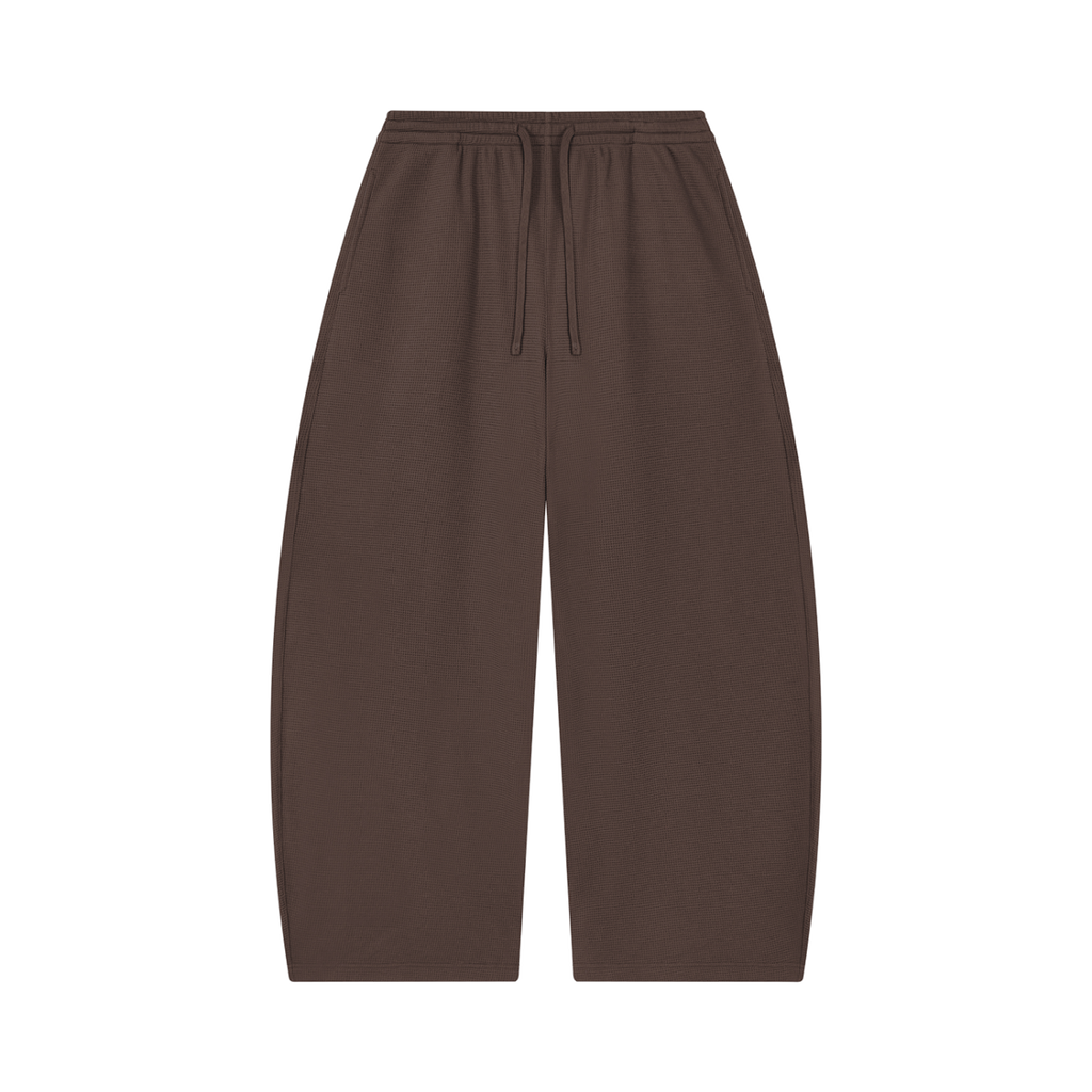 MIROLYUB Tessera waffle barrel pants in Coffee, front view.