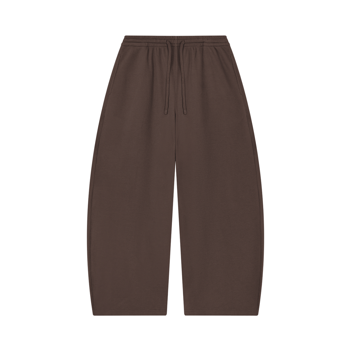 MIROLYUB Tessera waffle barrel pants in Coffee, front view.