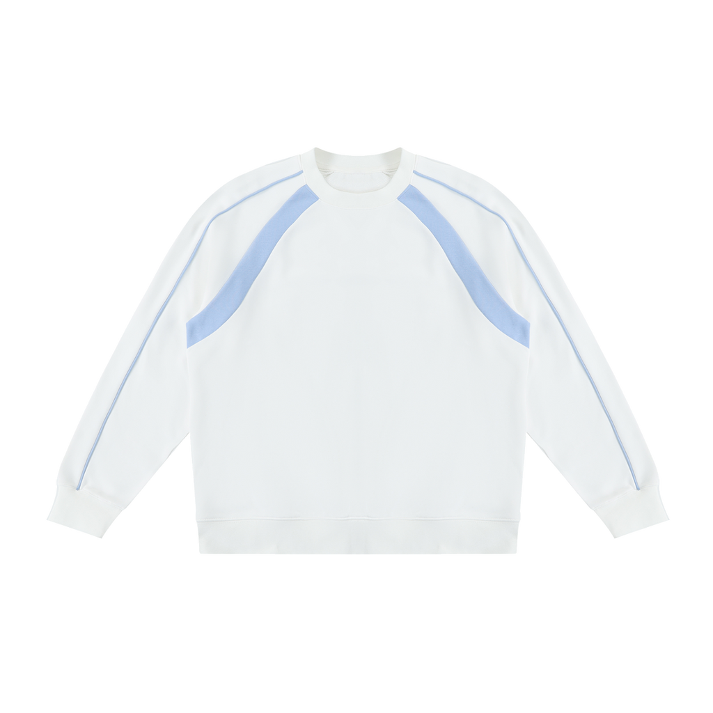 MIROLYUB Intersect Color-Block Sweatshirt in White with Sky Blue, front view