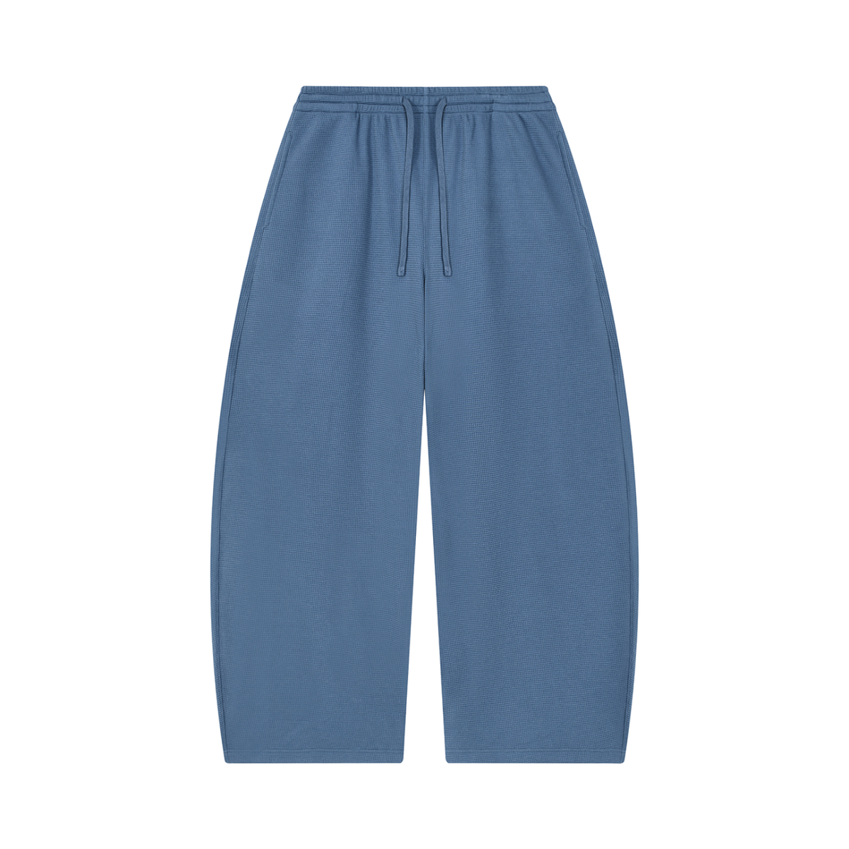 MIROLYUB Tessera waffle barrel pants in Jeans Blue, front view.
