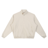 MIROLYUB Transit stand-collar bomber in Gray Camel, front view.