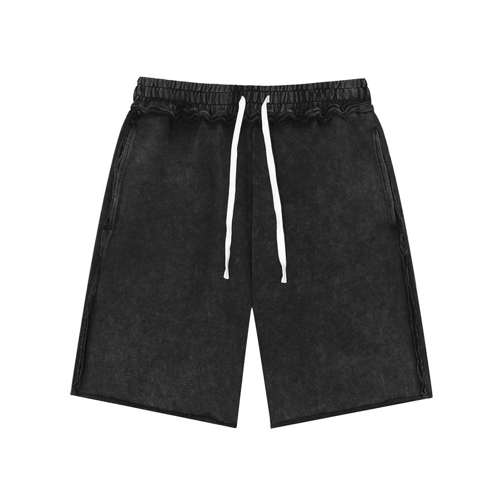 MIROLYUB Unisex Mineral Wash Raw Edge Shorts — Black, front view