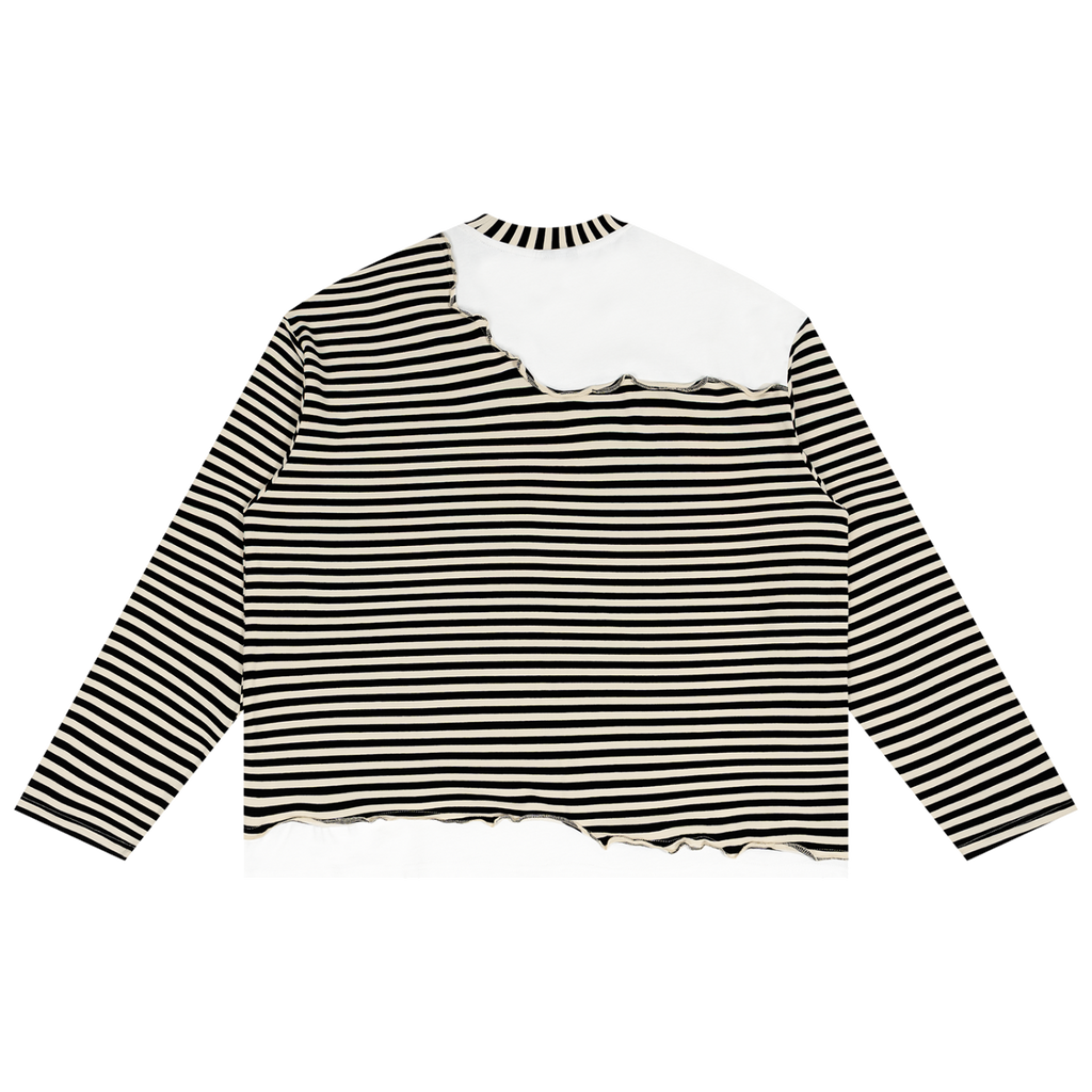 MIROLYUB Unisex Striped Panel Boxy Long Sleeve T-Shirt — Apricot with Black, back view