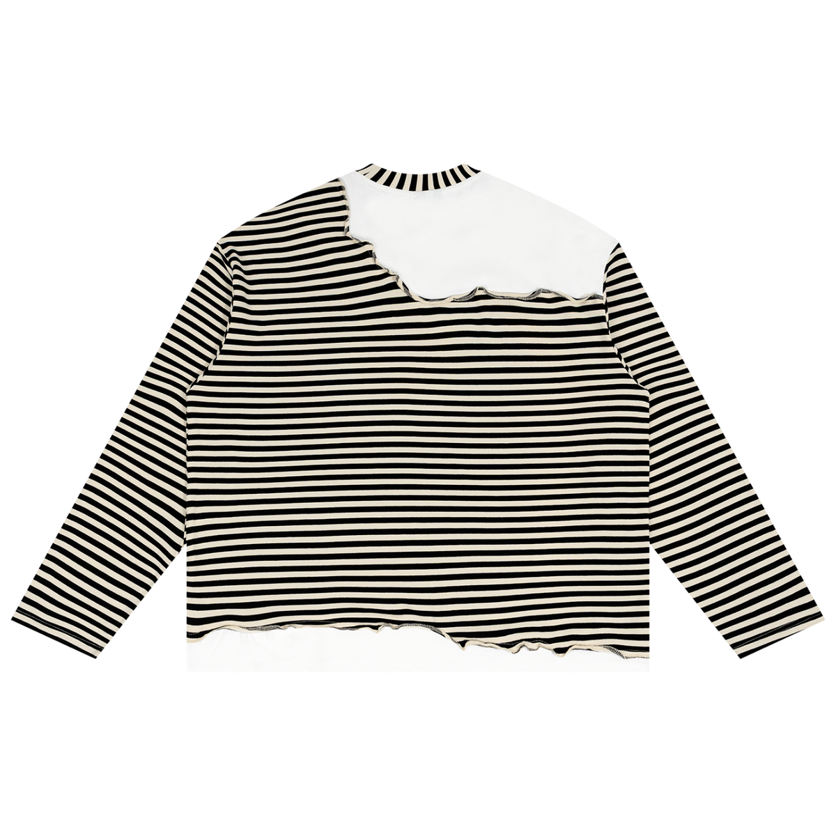 MIROLYUB Unisex Striped Panel Boxy Long Sleeve T-Shirt — Apricot with Black, back view