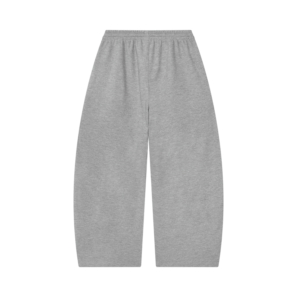 MIROLYUB Tessera waffle barrel pants in Flower Gray, back view.