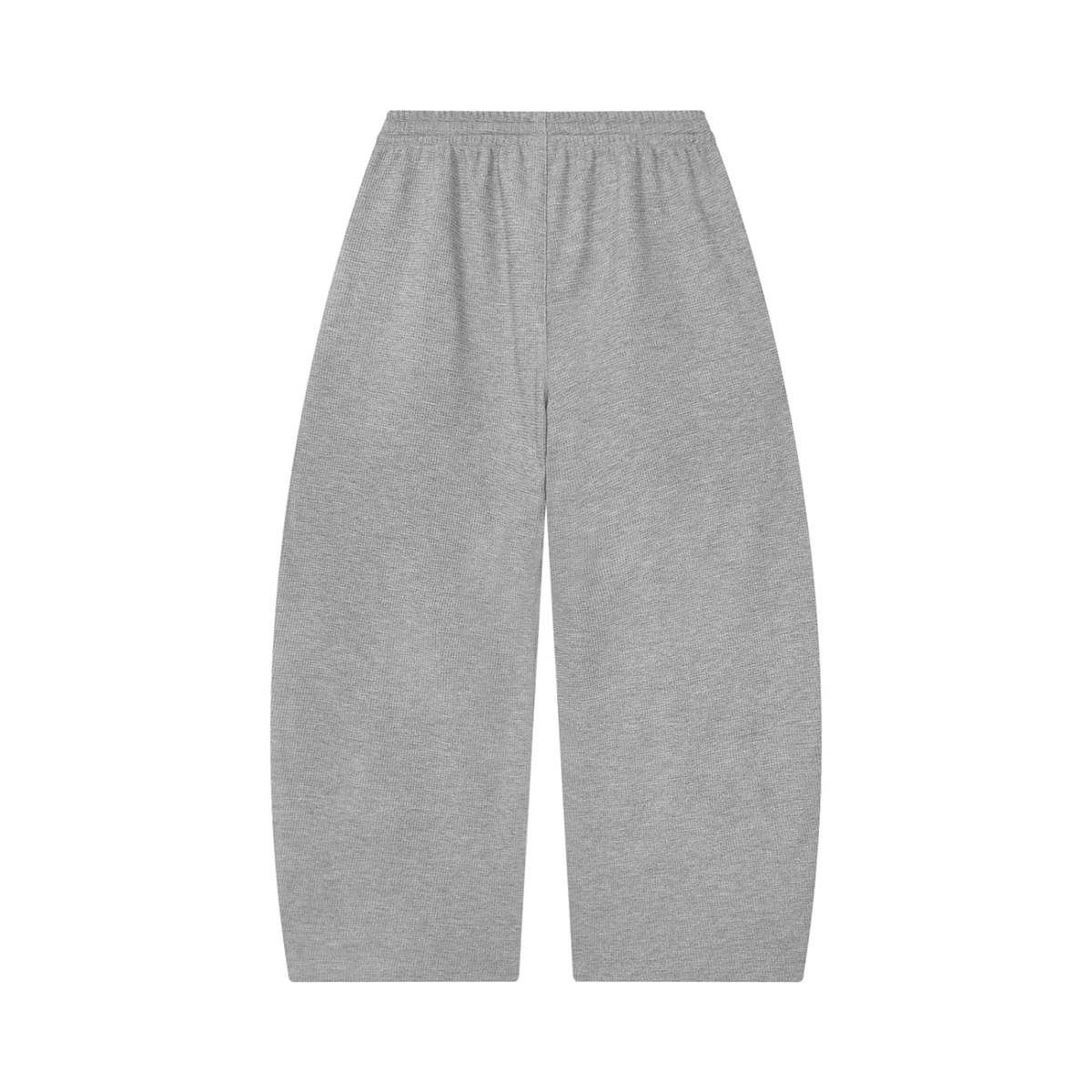 MIROLYUB Tessera waffle barrel pants in Flower Gray, back view.