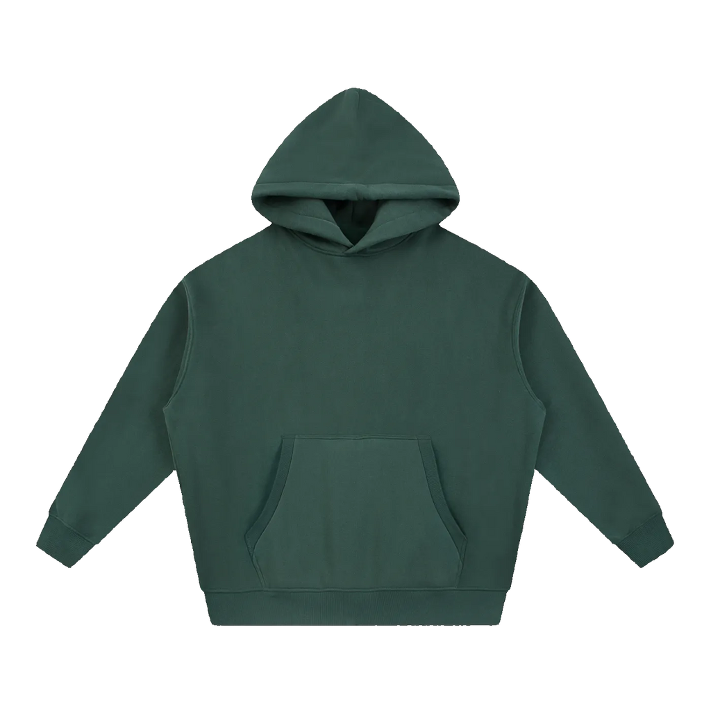 MIROLYUB Loft Boxy Fleece Hoodie in Dark Green, front view.