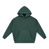 MIROLYUB Loft Boxy Fleece Hoodie in Dark Green, front view.