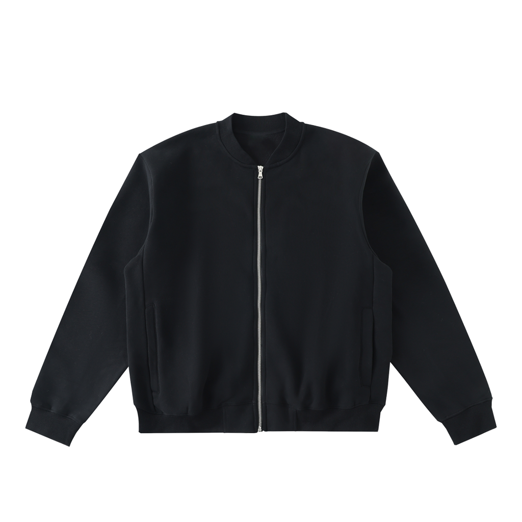 MIROLYUB Nocturne fleece zip varsity jacket in Black, front view.