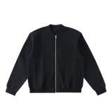 MIROLYUB Nocturne fleece zip varsity jacket in Black, front view.