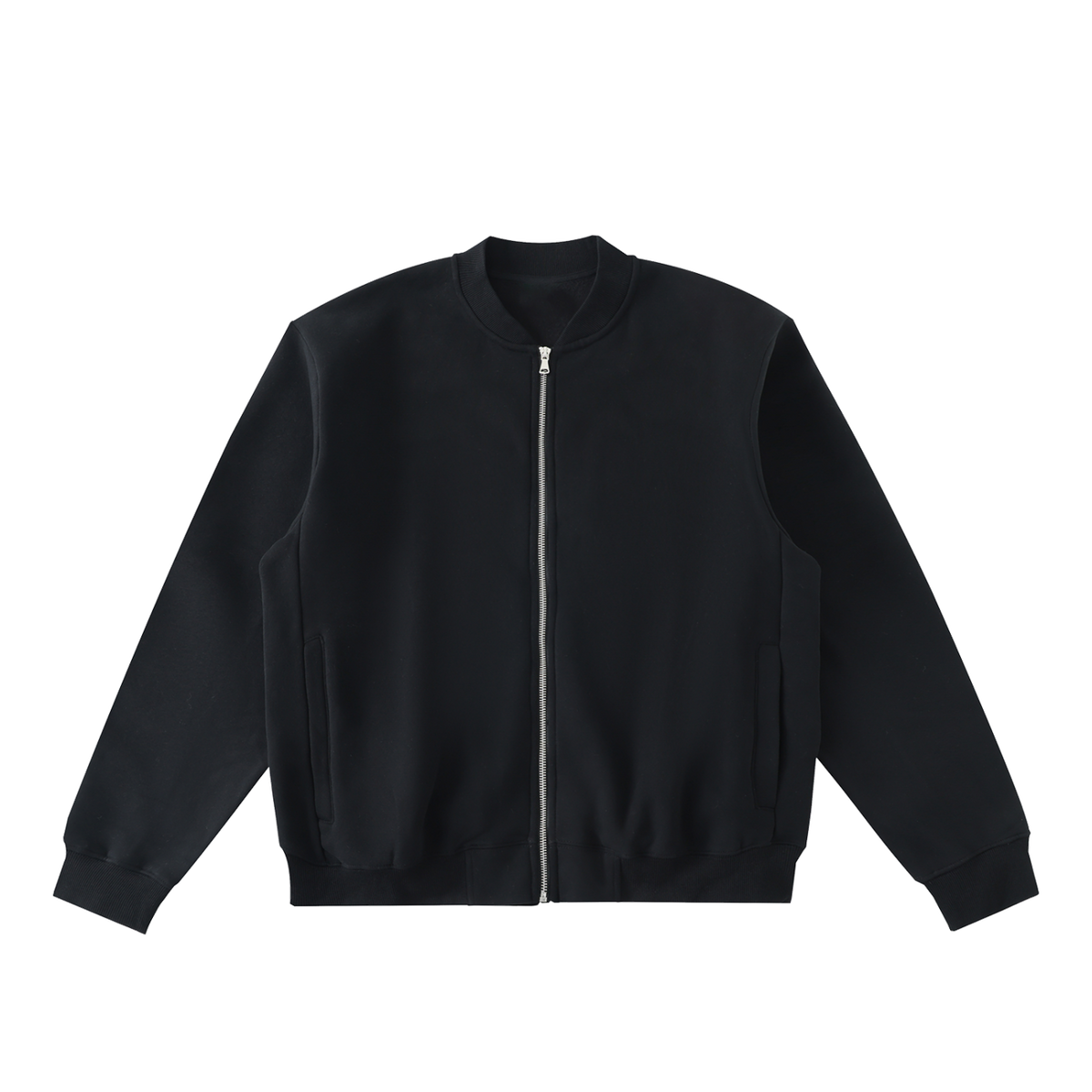 MIROLYUB Nocturne fleece zip varsity jacket in Black, front view.