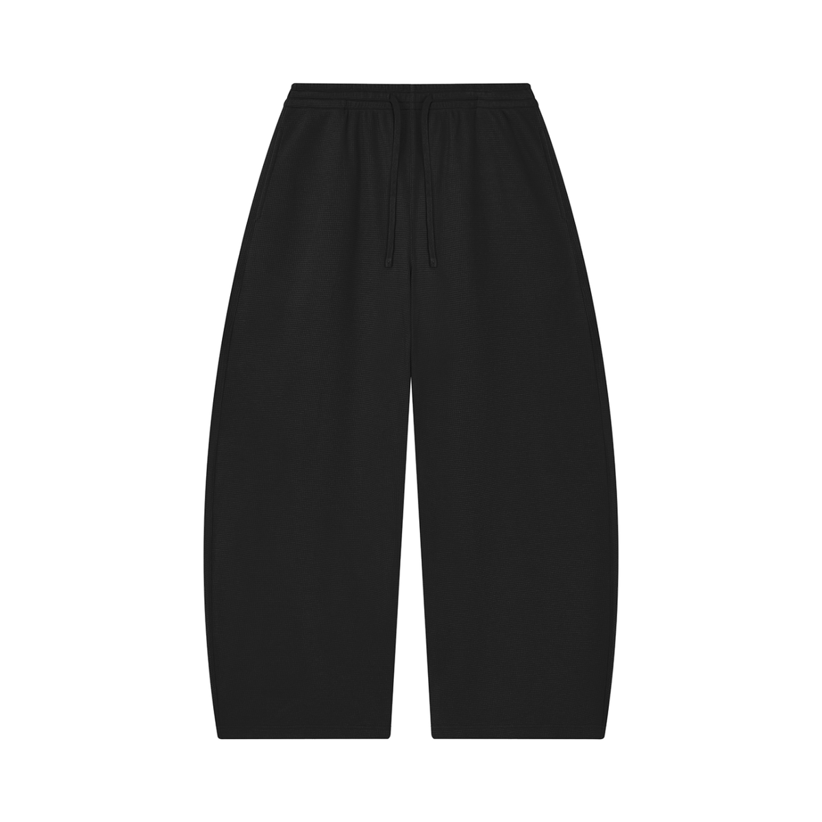 MIROLYUB Tessera waffle barrel pants in Black, front view.