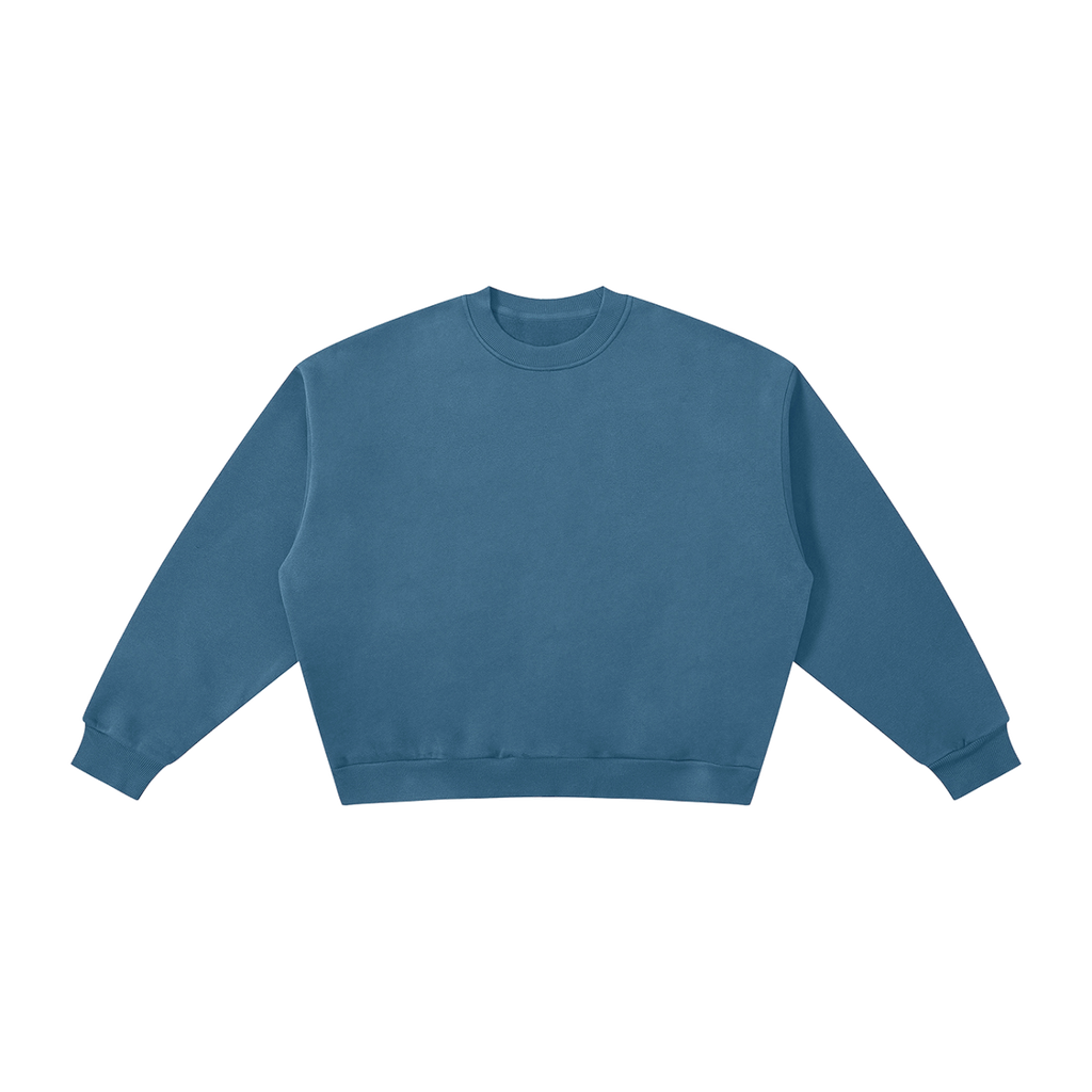 MIROLYUB Meridian boxy fleece crewneck in Haze Blue, front view.