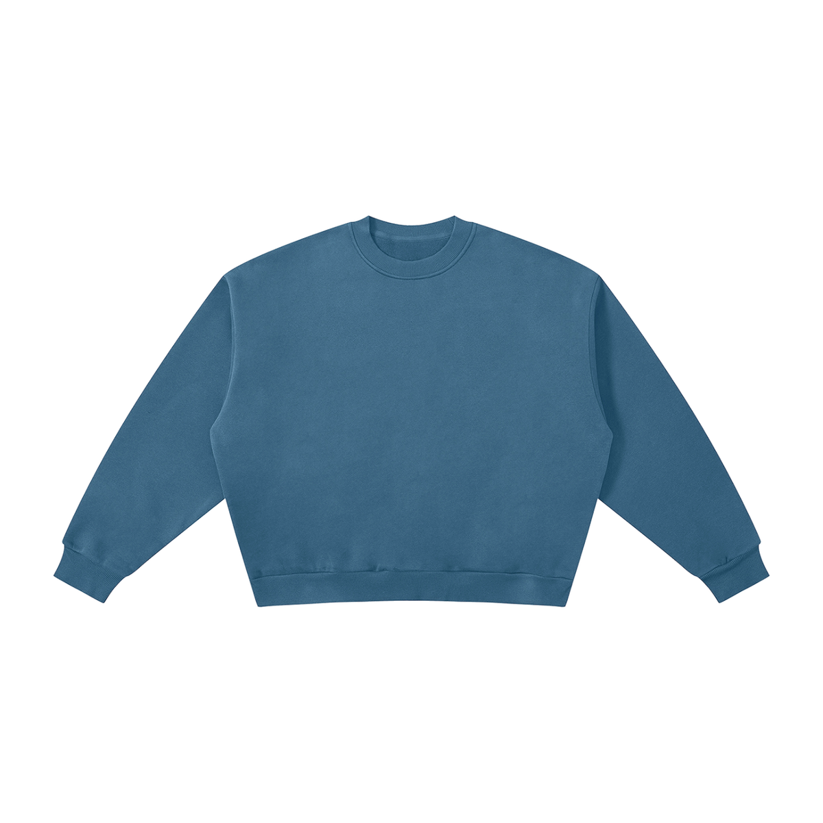 MIROLYUB Meridian boxy fleece crewneck in Haze Blue, front view.