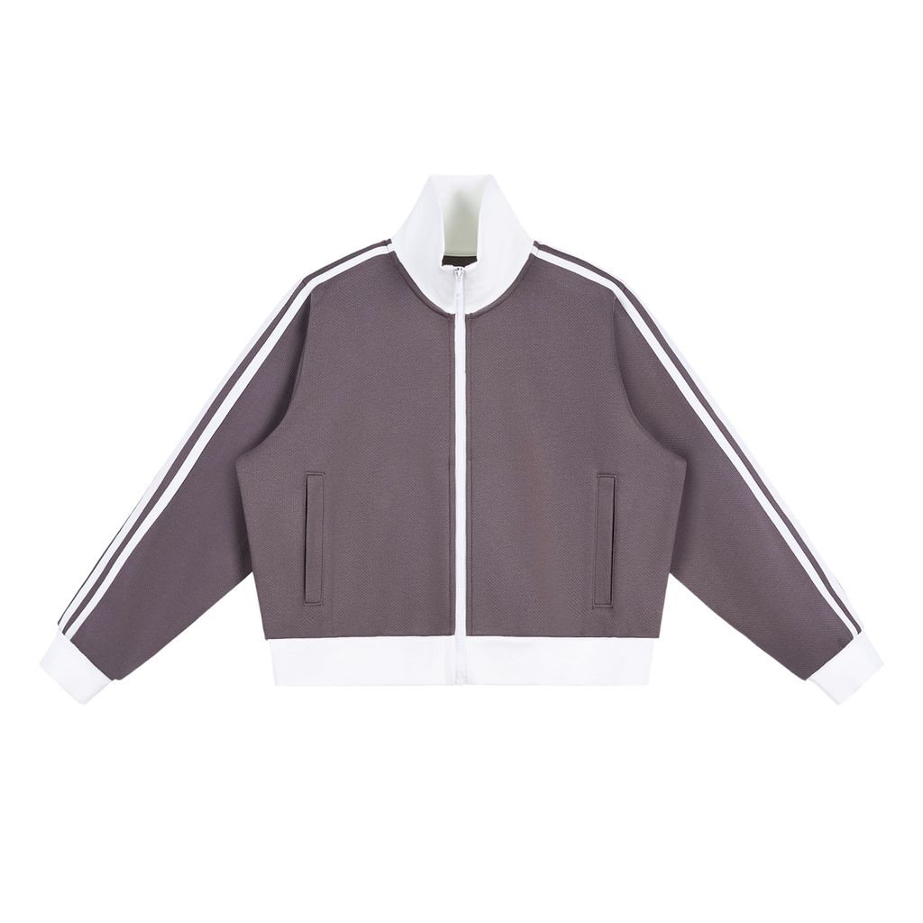 MIROLYUB Parallel cropped stripe track jacket in Plum Purple, front view.