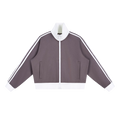 MIROLYUB Parallel cropped stripe track jacket in Plum Purple, front view.