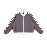 MIROLYUB Parallel cropped stripe track jacket in Plum Purple, front view.