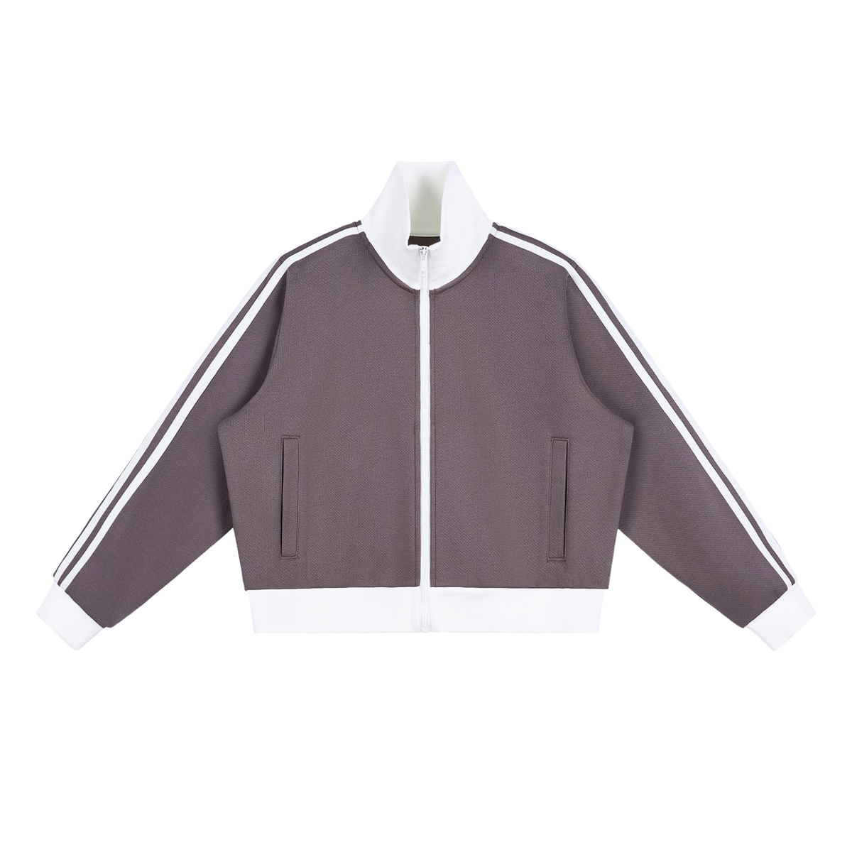 MIROLYUB Parallel cropped stripe track jacket in Plum Purple, front view.