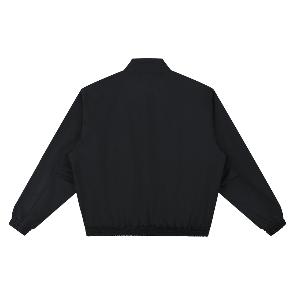 MIROLYUB Transit stand-collar bomber in Black, back view.