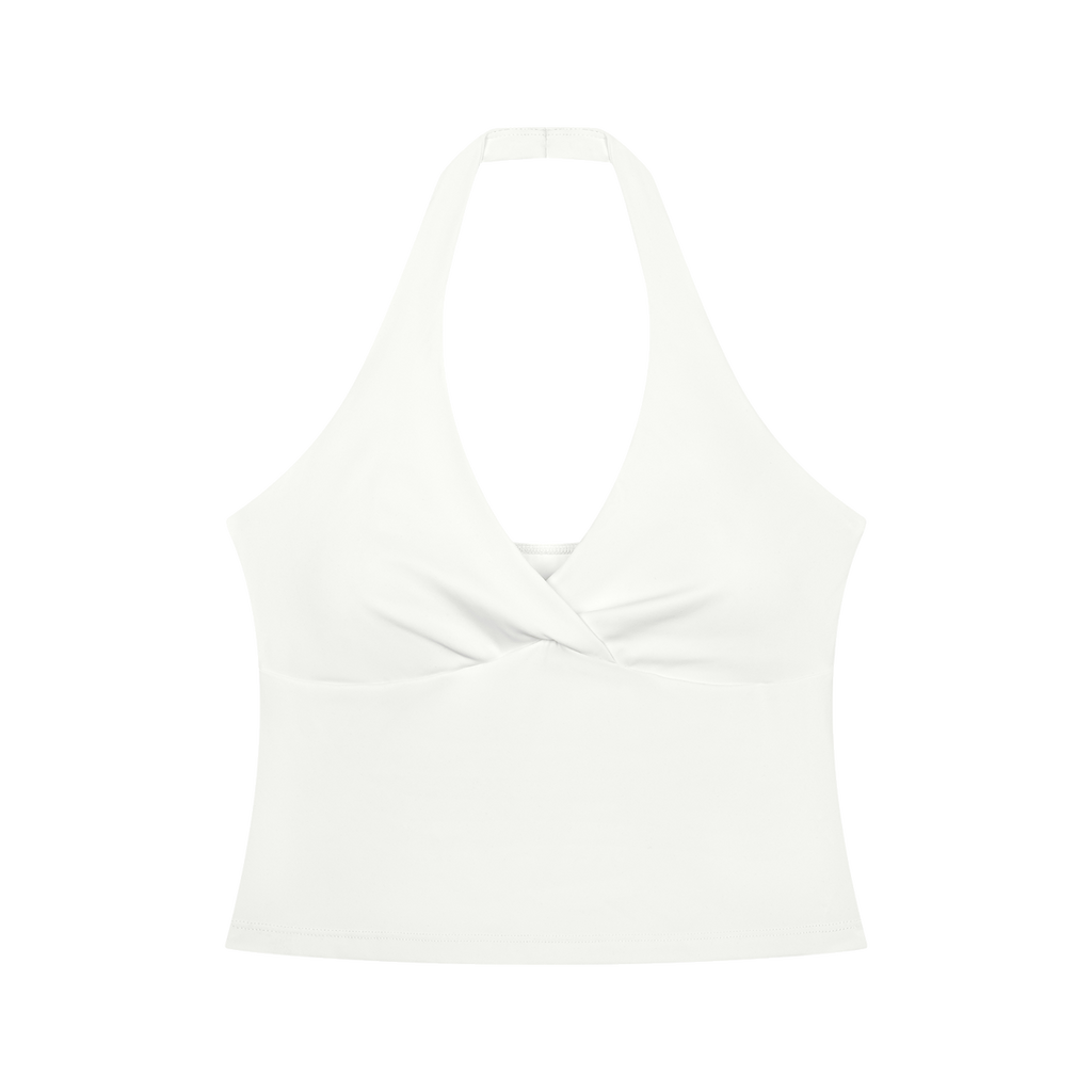 MIROLYUB Women’s Ruched Halter Yoga Tank Top — White, front view