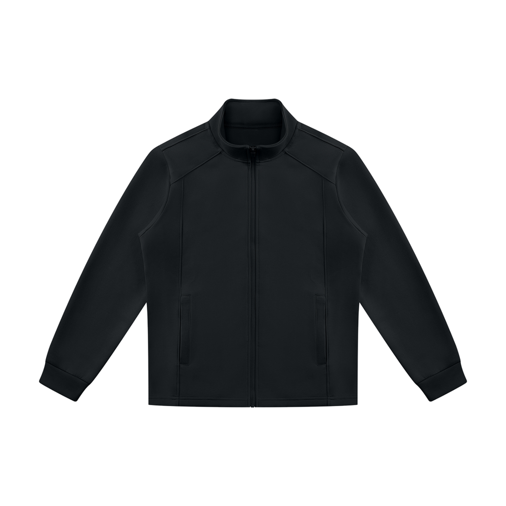 MIROLYUB Tangent stand-collar track jacket in Black, front view.