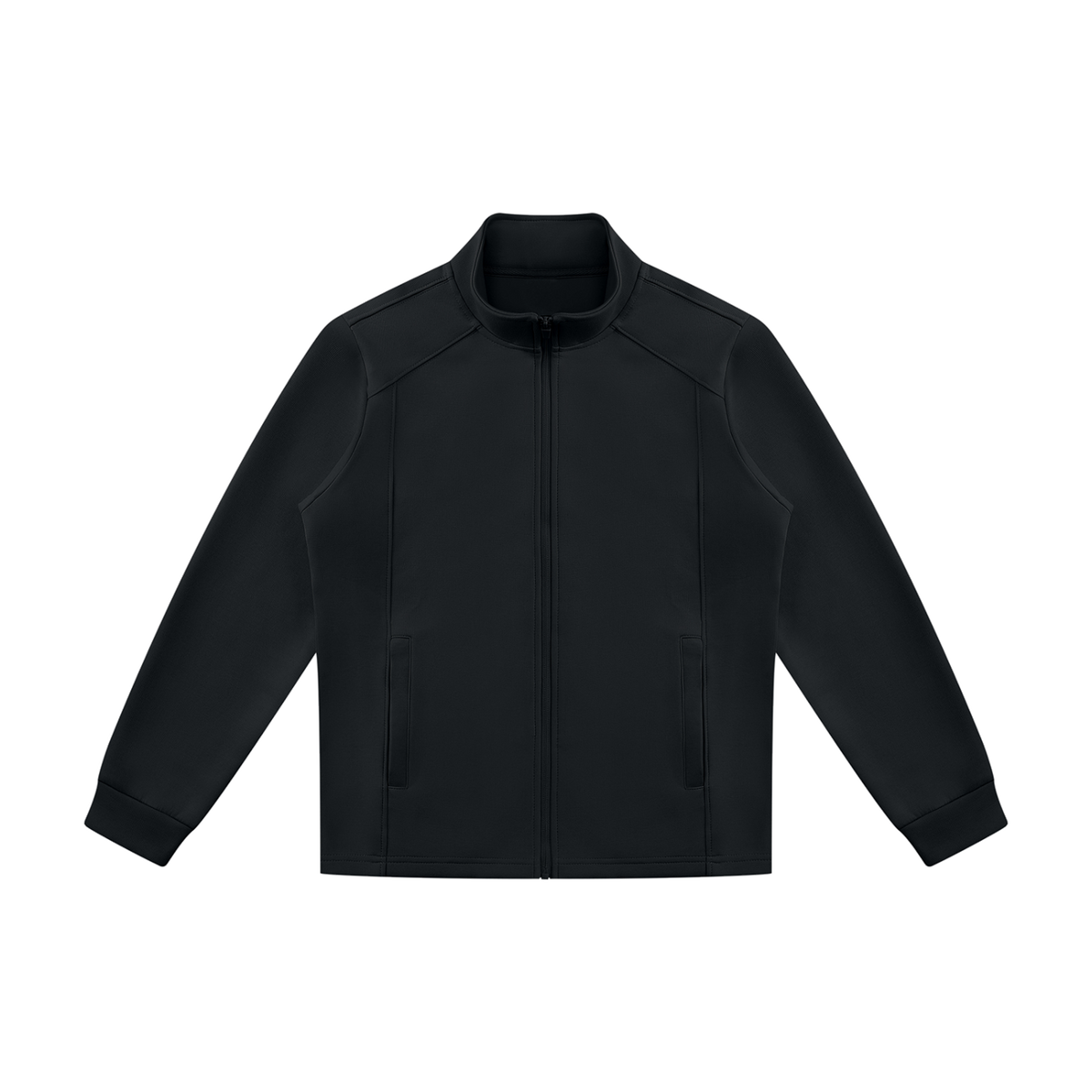 MIROLYUB Tangent stand-collar track jacket in Black, front view.