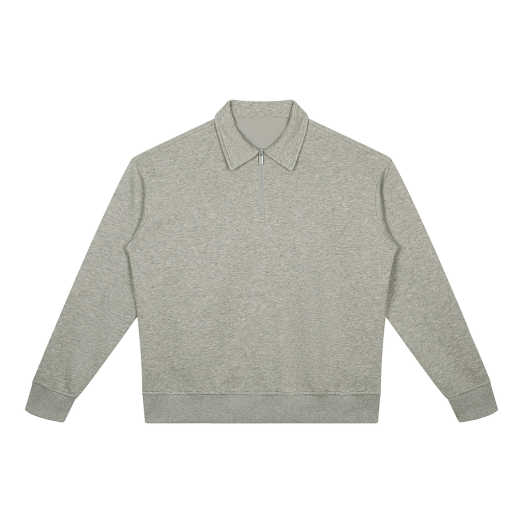 MIROLYUB Aperture boxy quarter-zip sweatshirt in Oat Gray, front view.