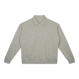 MIROLYUB Aperture boxy quarter-zip sweatshirt in Oat Gray, front view.