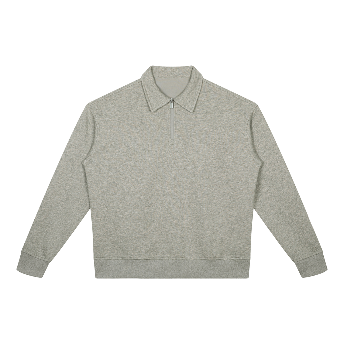MIROLYUB Aperture boxy quarter-zip sweatshirt in Oat Gray, front view.