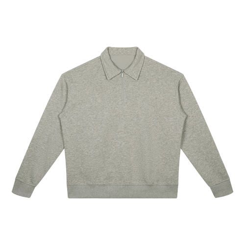MIROLYUB Aperture boxy quarter-zip sweatshirt in Oat Gray, front view.