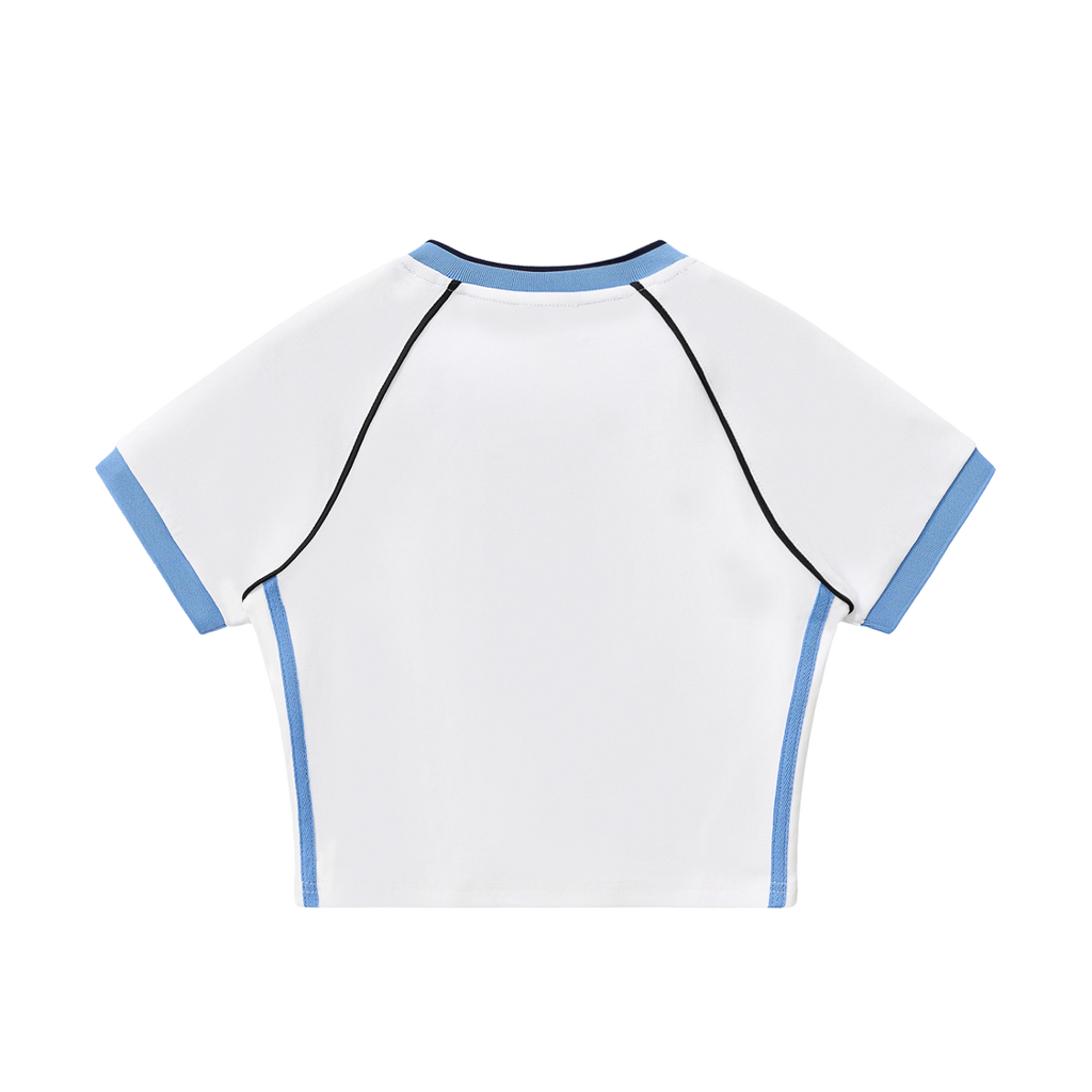 MIROLYUB Contrast Trim V-Neck Crop T-Shirt — White with Blue, back view