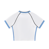 MIROLYUB Contrast Trim V-Neck Crop T-Shirt — White with Blue, back view
