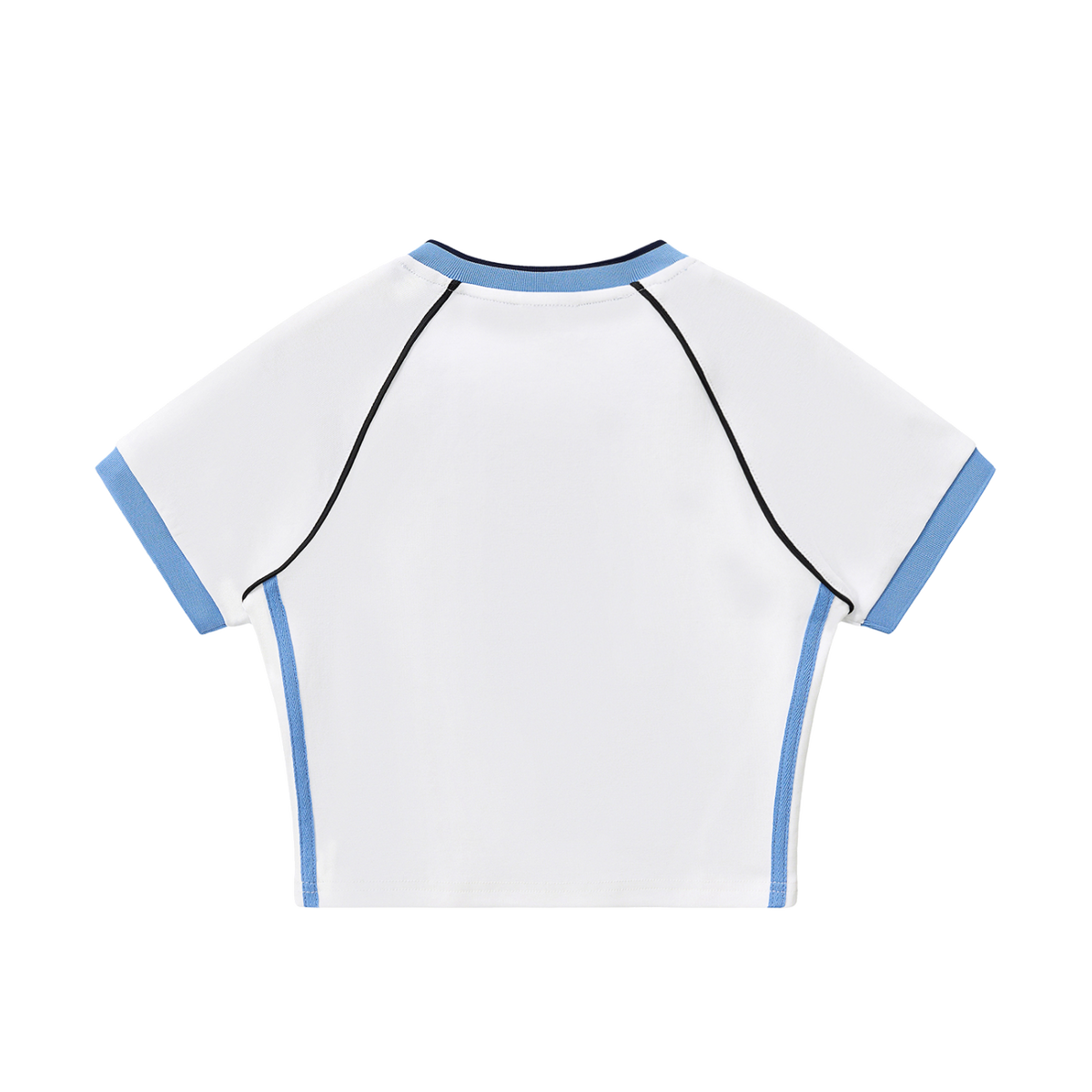 MIROLYUB Contrast Trim V-Neck Crop T-Shirt — White with Blue, back view