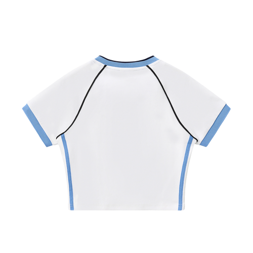 MIROLYUB Contrast Trim V-Neck Crop T-Shirt — White with Blue, back view