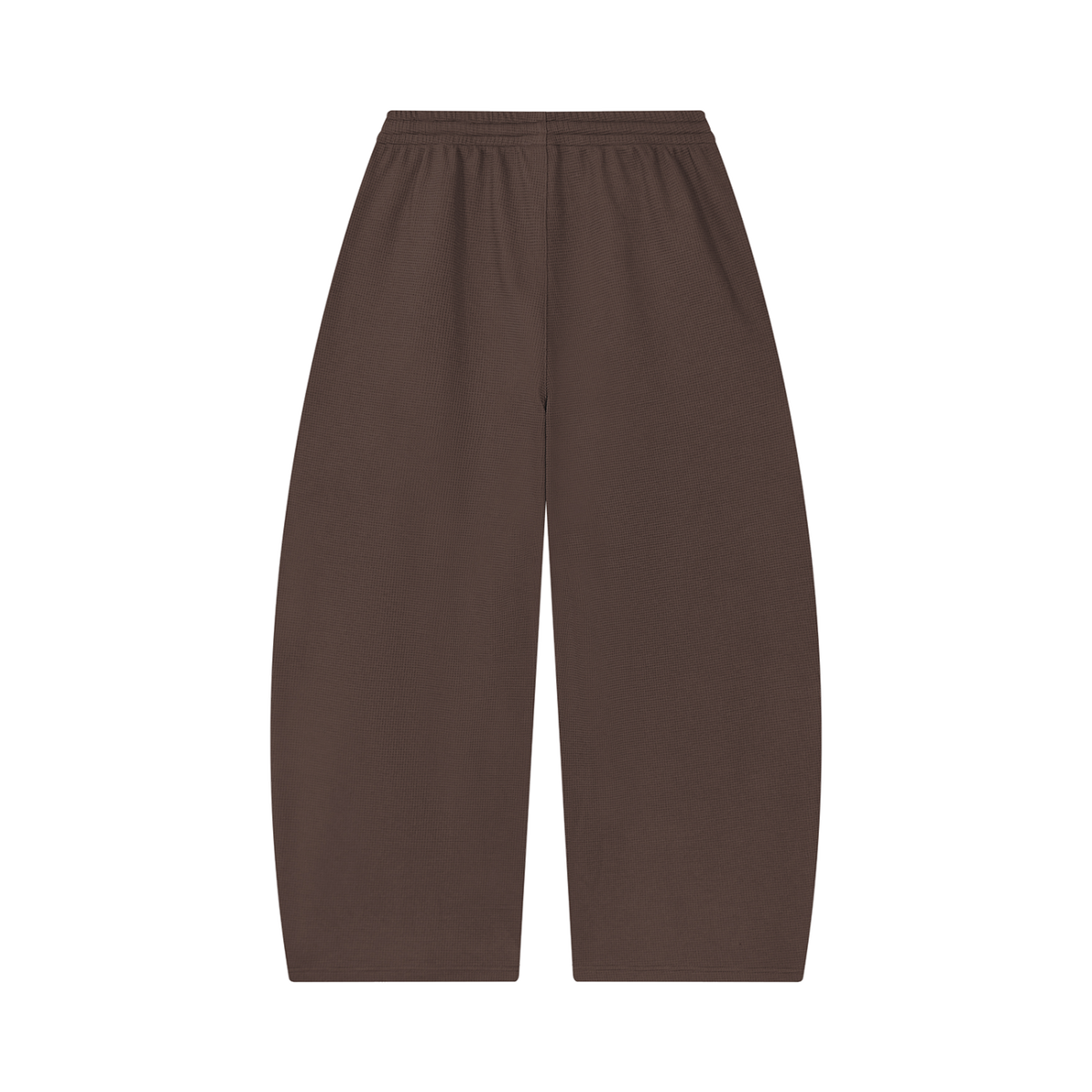 MIROLYUB Tessera waffle barrel pants in Coffee, back view.