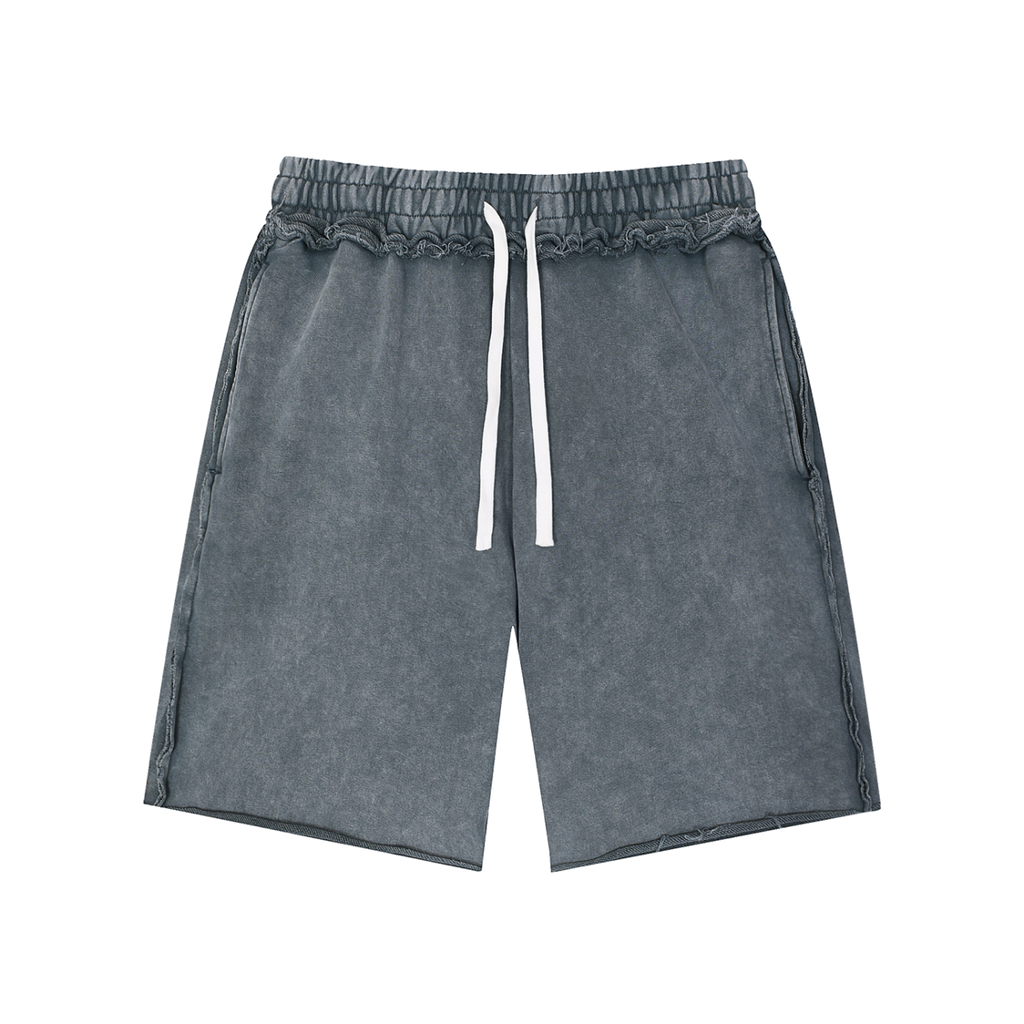 MIROLYUB Unisex Mineral Wash Raw Edge Shorts — Medium Gray, front view