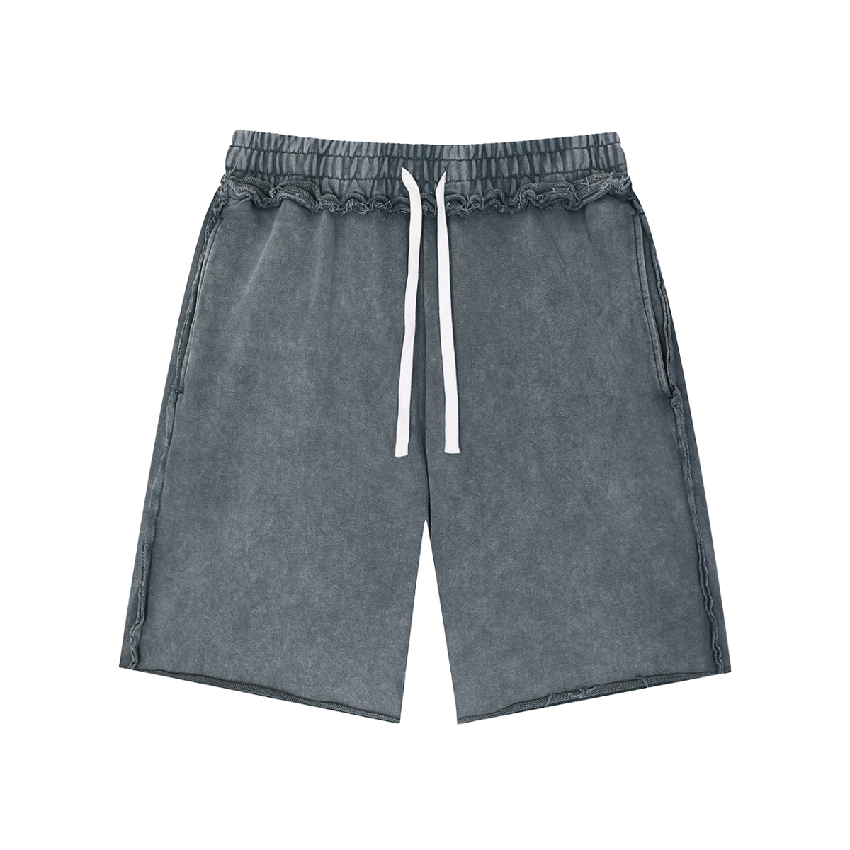 MIROLYUB Unisex Mineral Wash Raw Edge Shorts — Medium Gray, front view