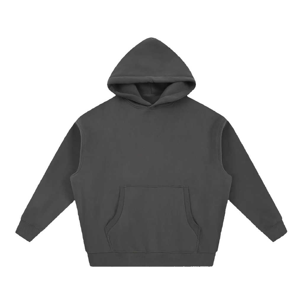MIROLYUB Loft Boxy Fleece Hoodie in Dark Gray, front view.