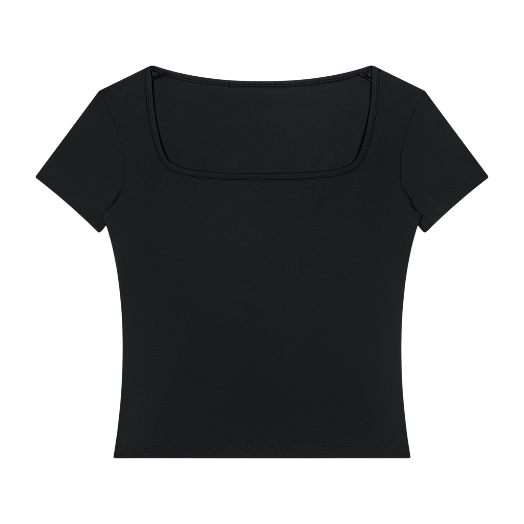 MIROLYUB Squareline square-neck fitted tee in Black, front view.
