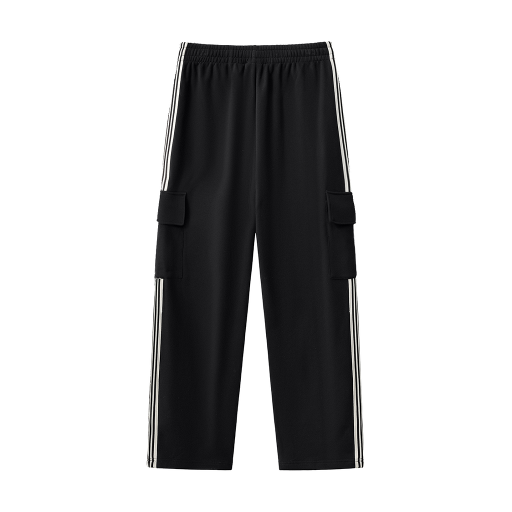 MIROLYUB Vector Side-Stripe Straight-Leg Pants in Black, back view.