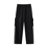 MIROLYUB Vector Side-Stripe Straight-Leg Pants in Black, back view.