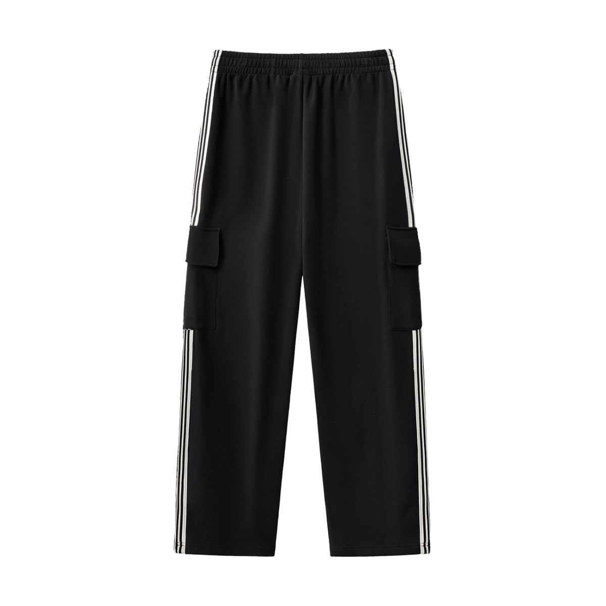 MIROLYUB Vector Side-Stripe Straight-Leg Pants in Black, back view.