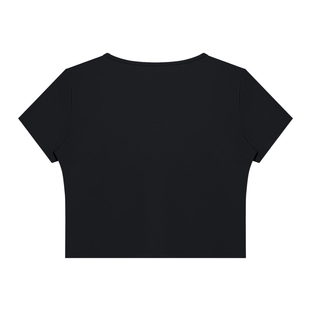 MIROLYUB Seamline topstitch cropped tee in Black, back view.