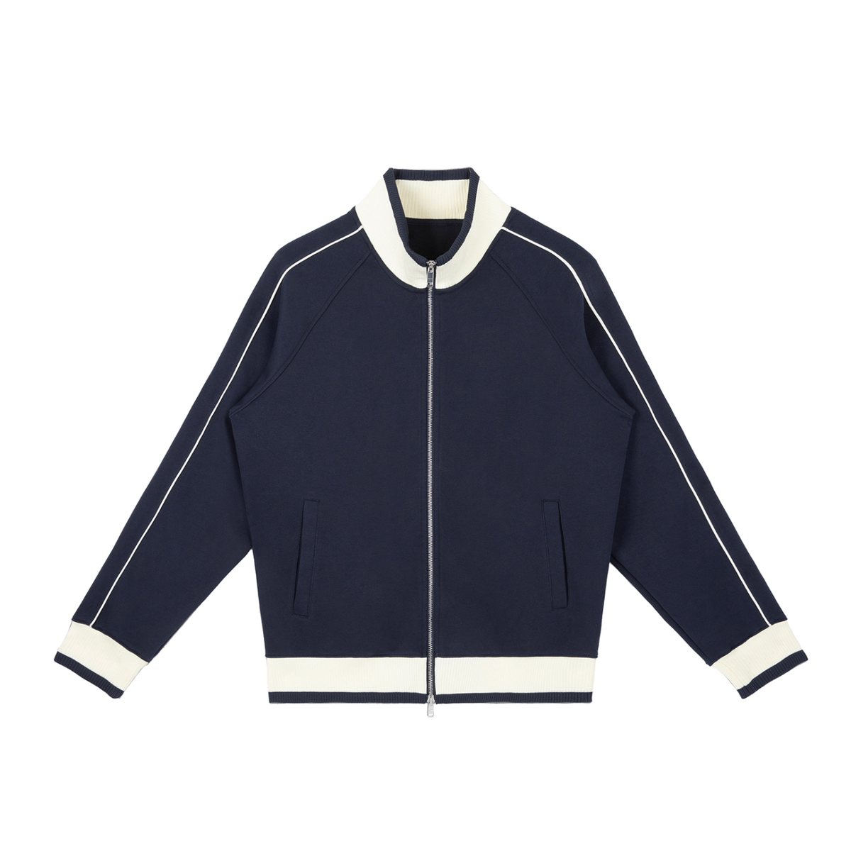 MIROLYUB Switchback raglan track jacket in Navy Blue, front view.