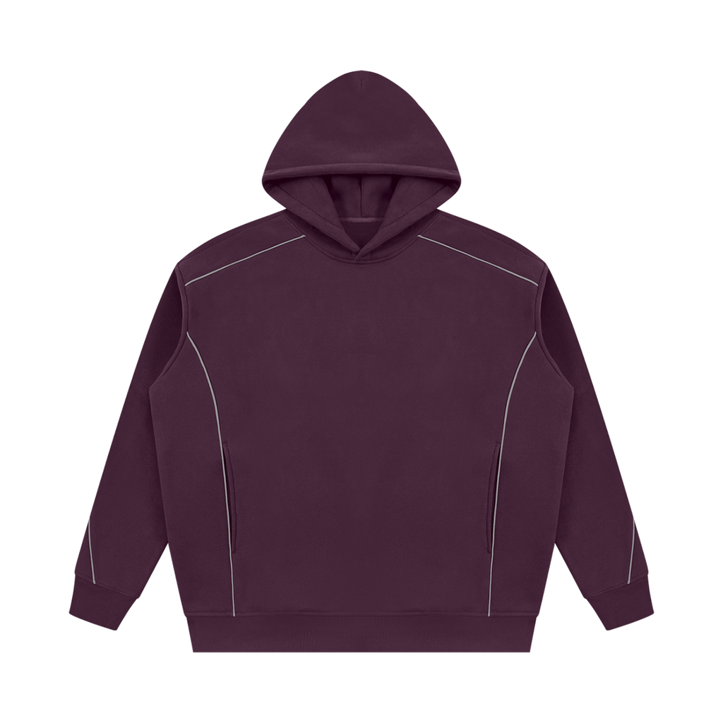 MIROLYUB Hush Oversized Piping Hoodie in Plum Purple, front view.
