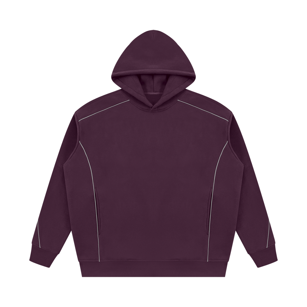 MIROLYUB Hush Oversized Piping Hoodie in Plum Purple, front view.
