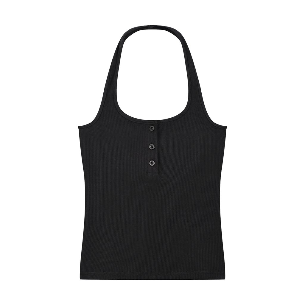 MIROLYUB Notch ribbed Henley tank in Black, front view