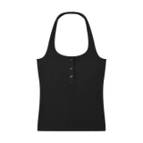 MIROLYUB Notch ribbed Henley tank in Black, front view